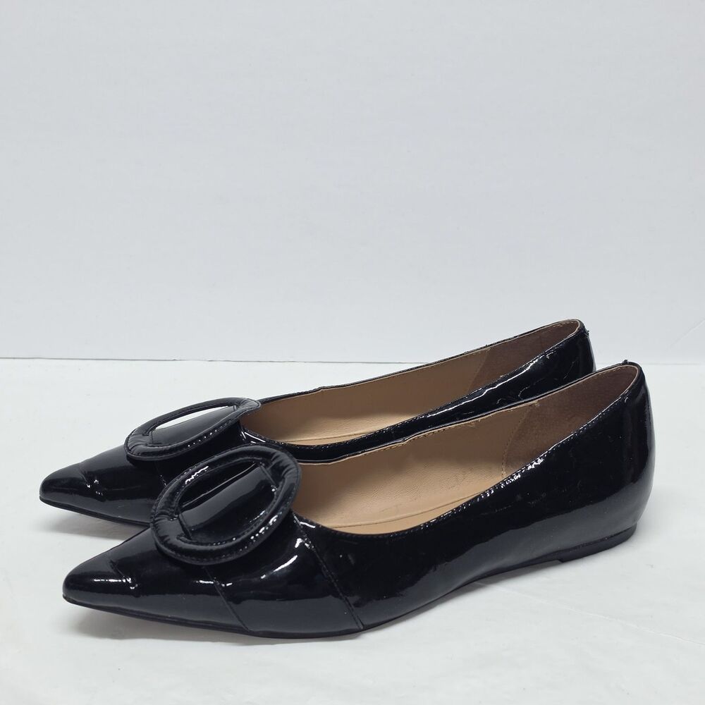 LINEA Paolo Women's Black Patent Leather Pointed Toe Flats Circle Buckle 7M